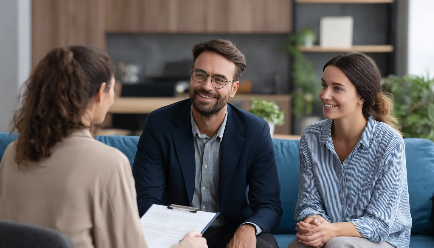 Un couple souriant discutant avec un courtier