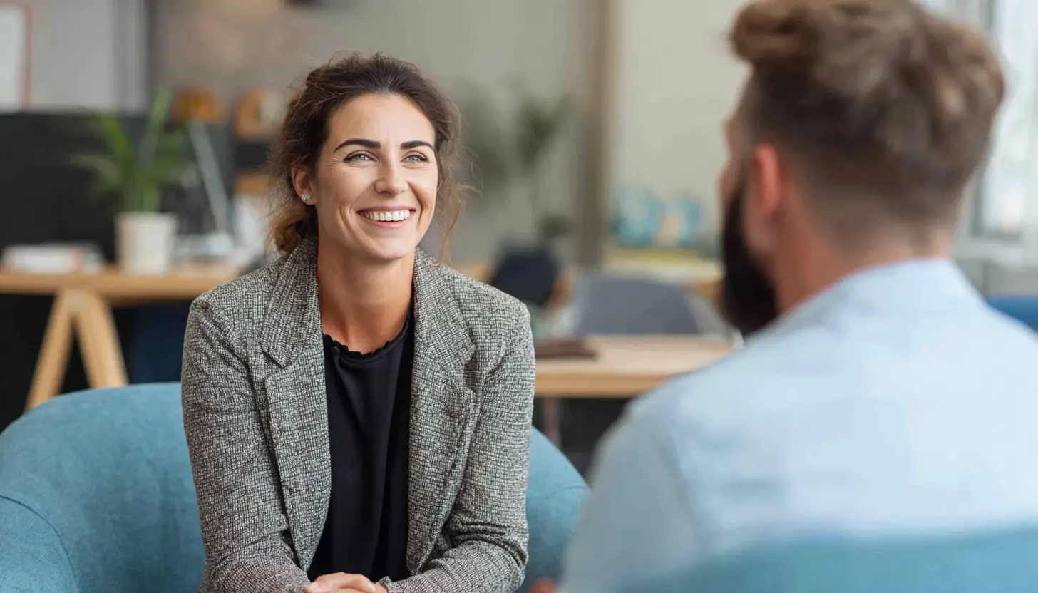 Femme souriante discutant avec un courtier